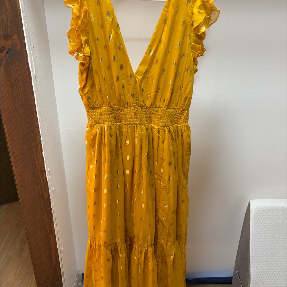 Lulu's yellow and gold dot ruffled tiered midi-dress